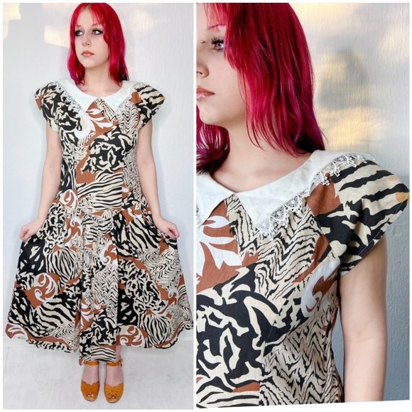 Vintage Dresses & Skirts - Vintage 80s Dawn Joy Animal Print Lace Collar Dress Size L Large Drop Waist Midi